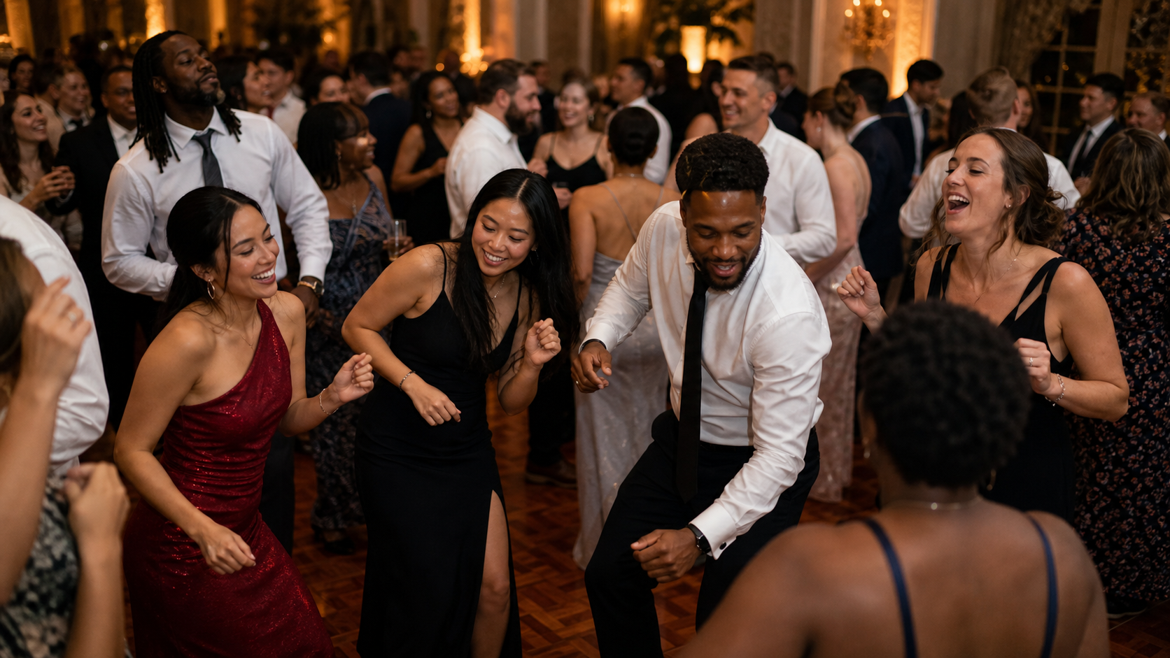 A diverse wedding dance floor during a reception
