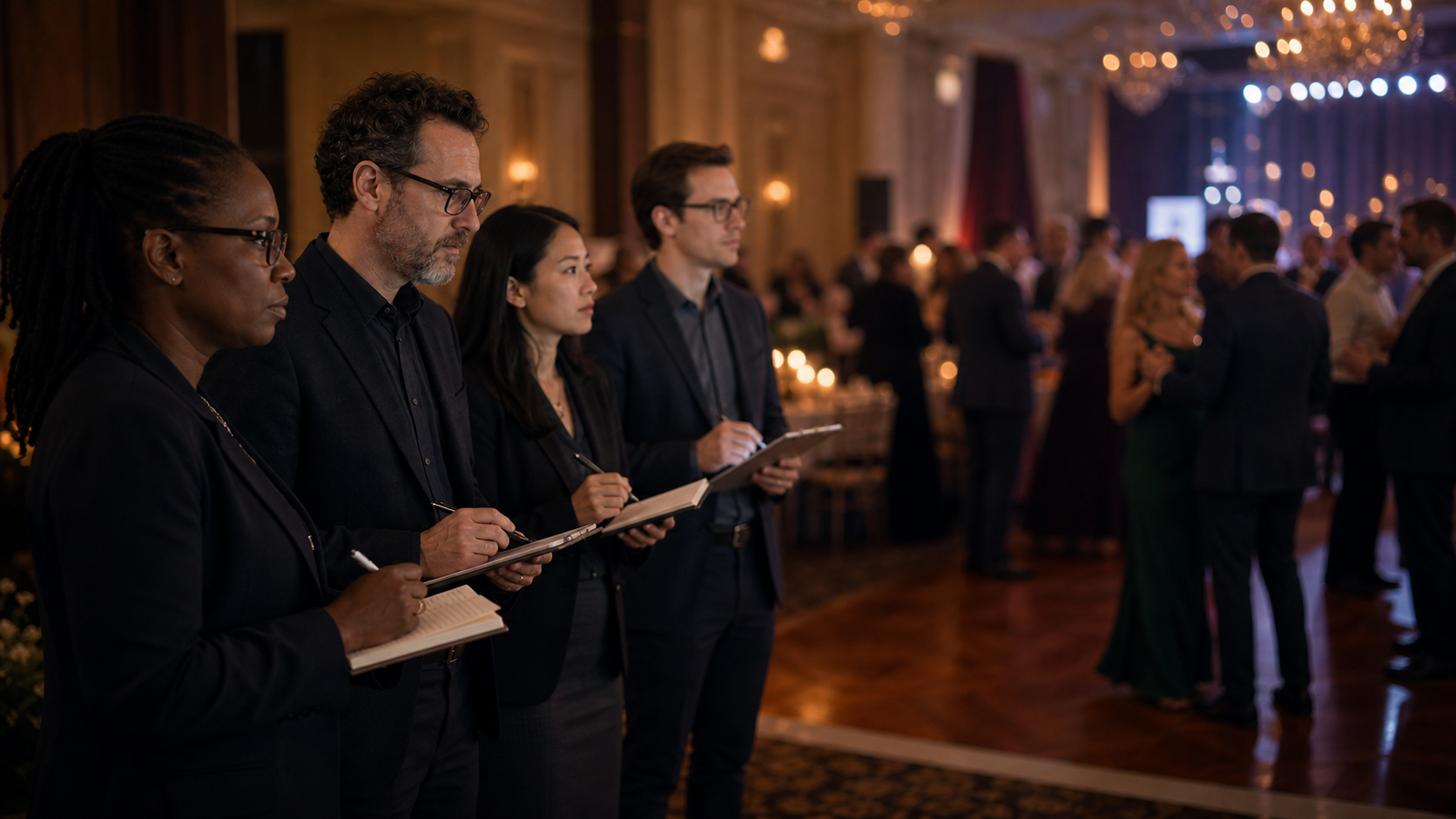 A diverse research team taking field notes at a wedding reception